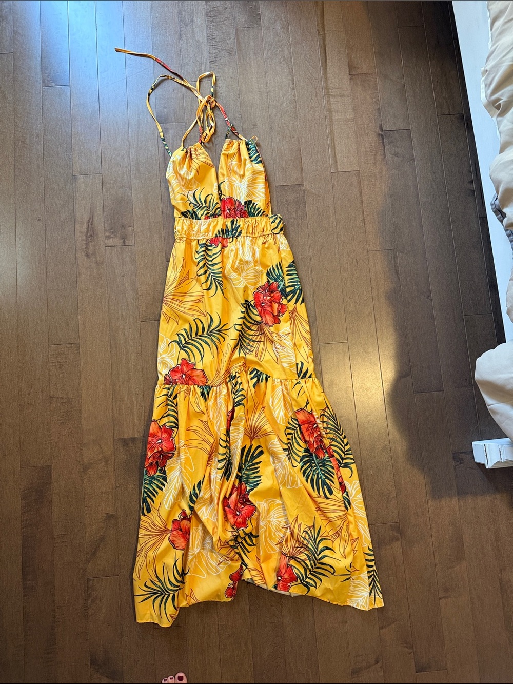 Yellow Tropical Floral Kids One-Piece Halter Dress